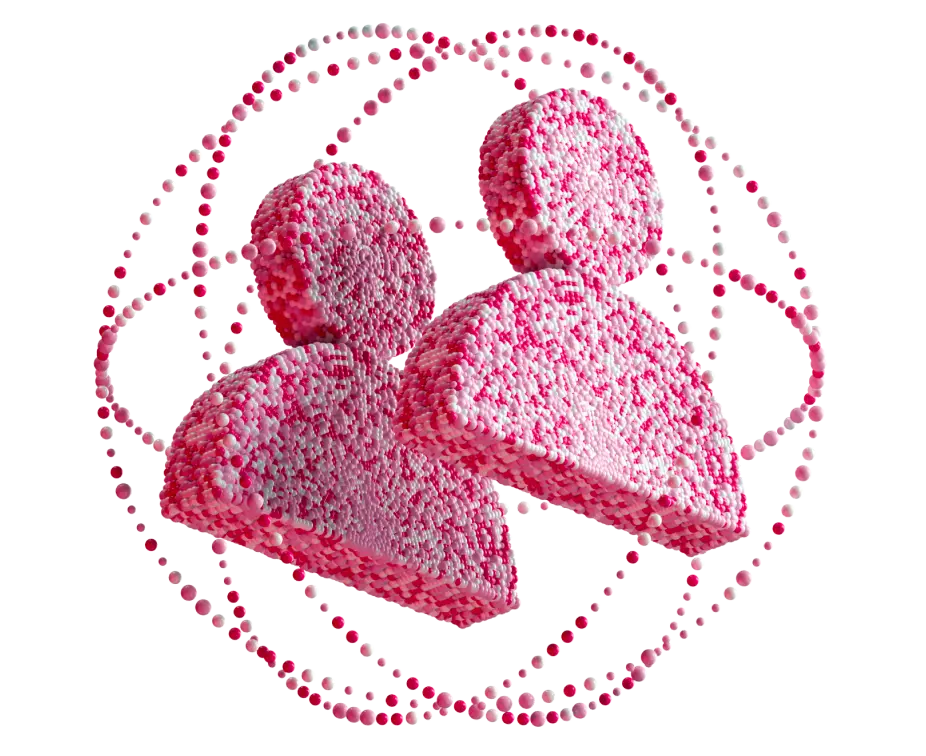 Two person logos encircled by red and white rings